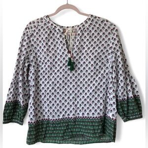 Boden White Blouse with Green Border and Pink Floral Print